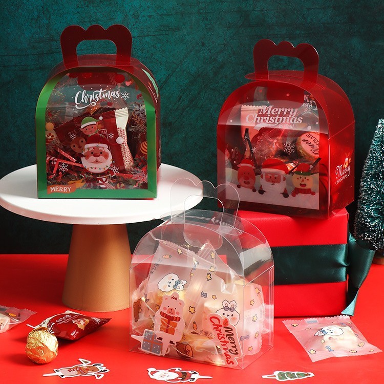 新しいクリスマスの手提げ箱クッキー牛圧延糖小プレゼント箱サンタクロース透明手提げ空箱|undefined