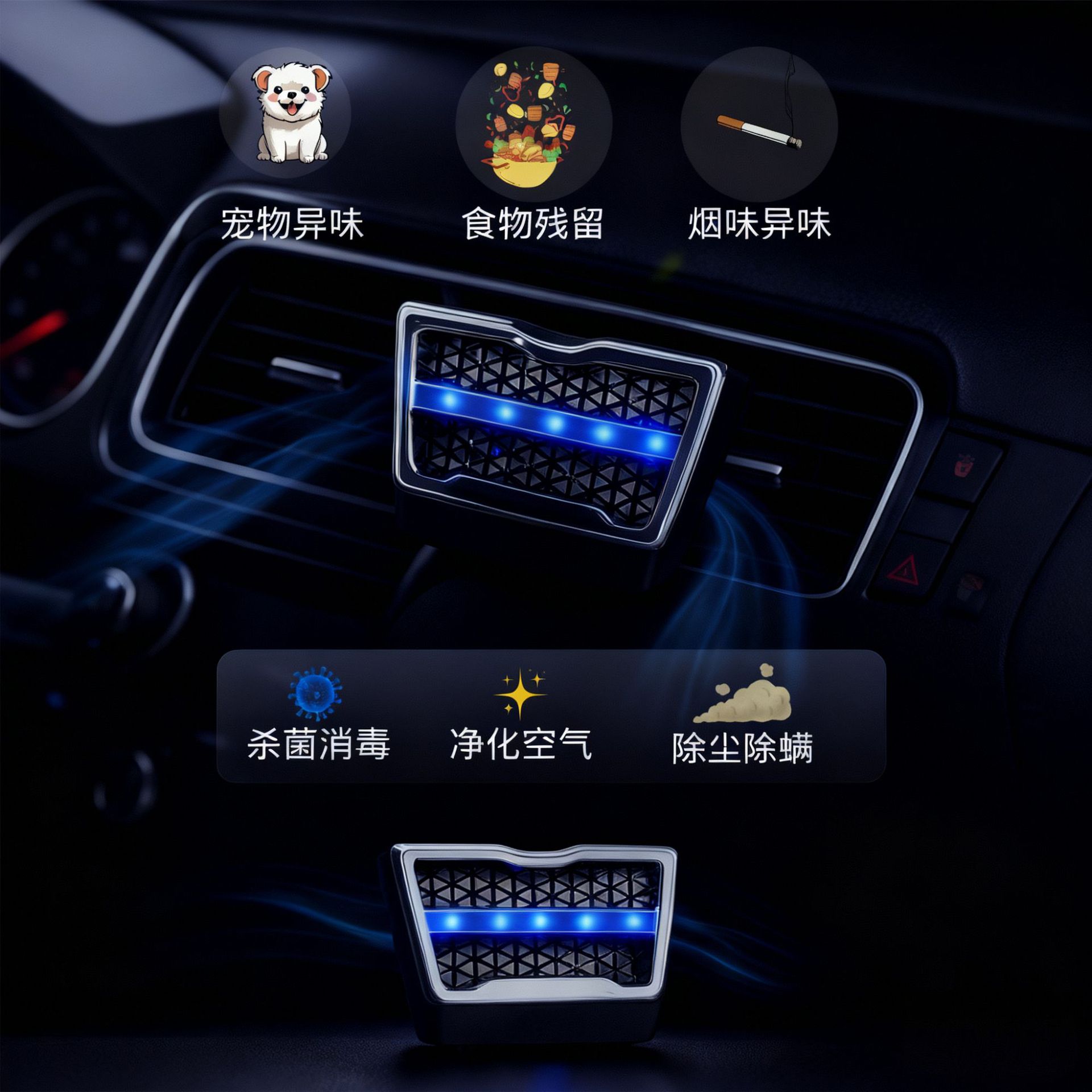 Full-Ion Car Air Sterilizer, Negative Ion Purifier, USB Powered, Removes Formaldehyde, Removes Odors and Smoke Smells