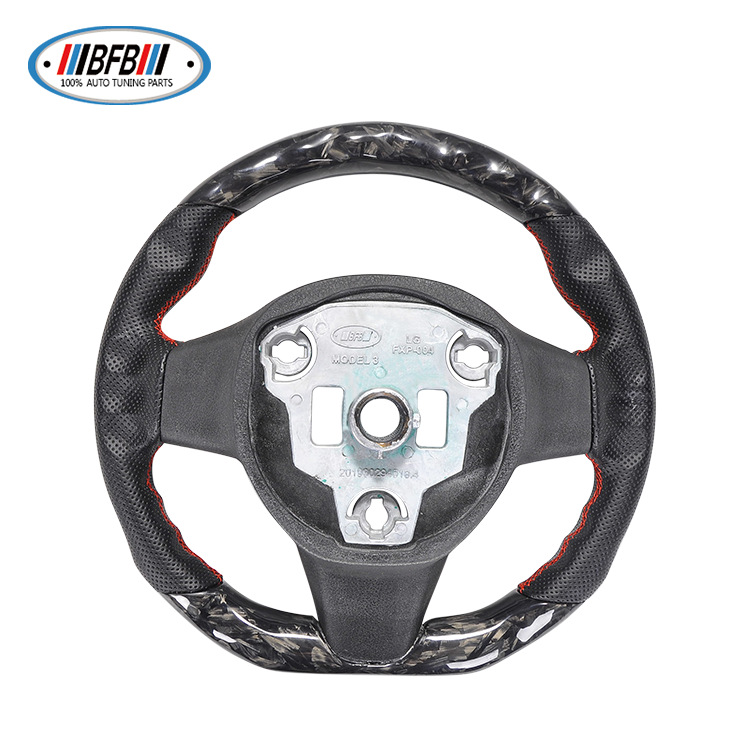 100% Real Carbon Fiber Forged Steering Wheel with Black Perforated Leather and Red Stitching - For Tesla Model Y - Modification