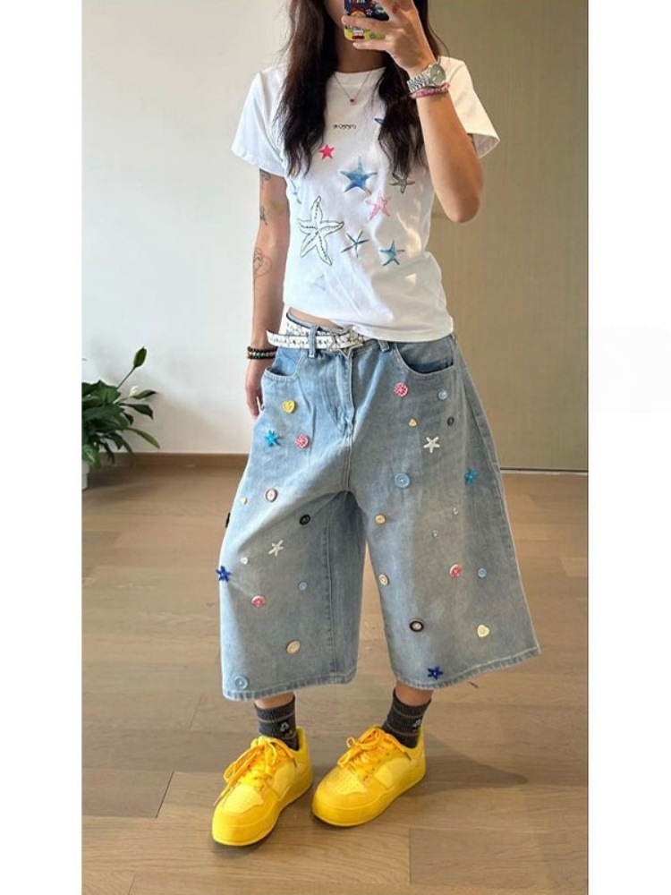 大码美式彩色纽扣设计七分牛仔短裤女夏季新款胖mm宽松显瘦阔腿裤