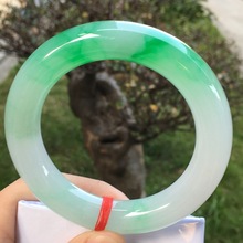 缅甸翡翠手镯冰种阳绿飘花圆条玉镯子高端玉手镯女款送礼