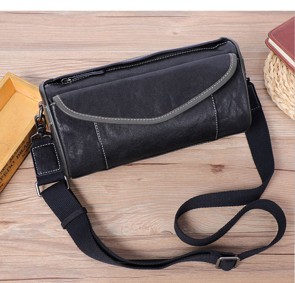 Túi đeo chéo nam da bò thật thuộc da thực vật, túi nhỏ đeo vai cá tính 29×11×17 cm — Dây đeo vai màu đen, Dây đeo vai đơn màu xanh lá cây, Dây đeo vai màu đen và xanh lá cây chi tiết 4