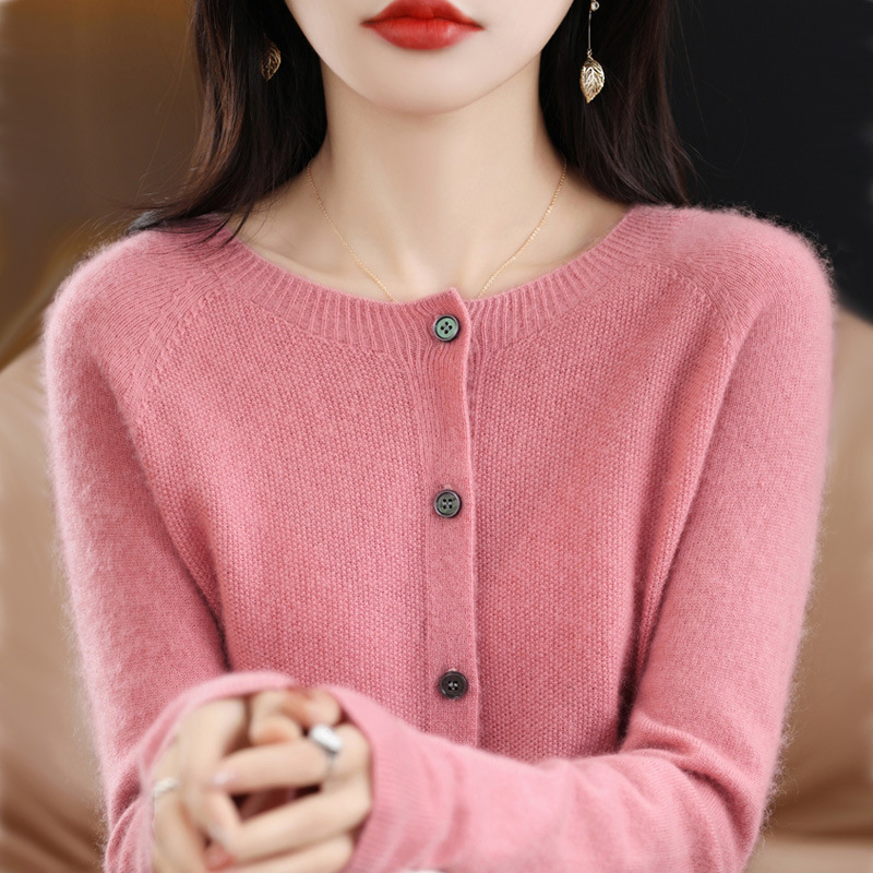 秋装新商品100% 純ウールカーディガン女性セーターコート一線成衣ゆるい長袖ニット上着薄い|undefined