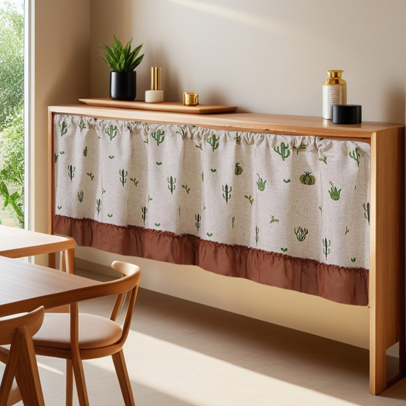 Pastoral Style Fresh and Simple No-Drill Curtain for Cabinet Doors, Linen Fabric Coffee Curtain for Wardrobe, Cabinet, and Shoe Rack