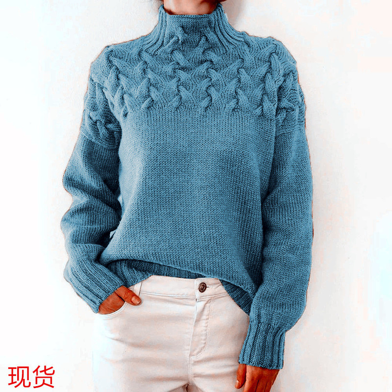 2026 Amazon Cross-Border New Women's Clothing Independent Site Ebay Fashion Cable Knit Detail High-Neck Long-Sleeve Sweater