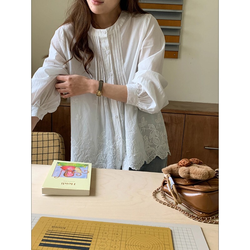 3Th Morning Early Spring New Style Hollow Embroidery Lace Trim Accordion Pleated Shirt 100% Cotton Zy3923