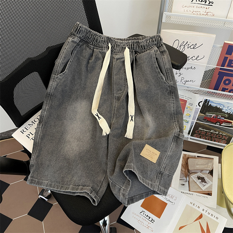 Elastic Waist Denim Shorts Men's Summer Thin Loose American Retro Pants Trendy Brand Handsome Casual Mid-Length Pants