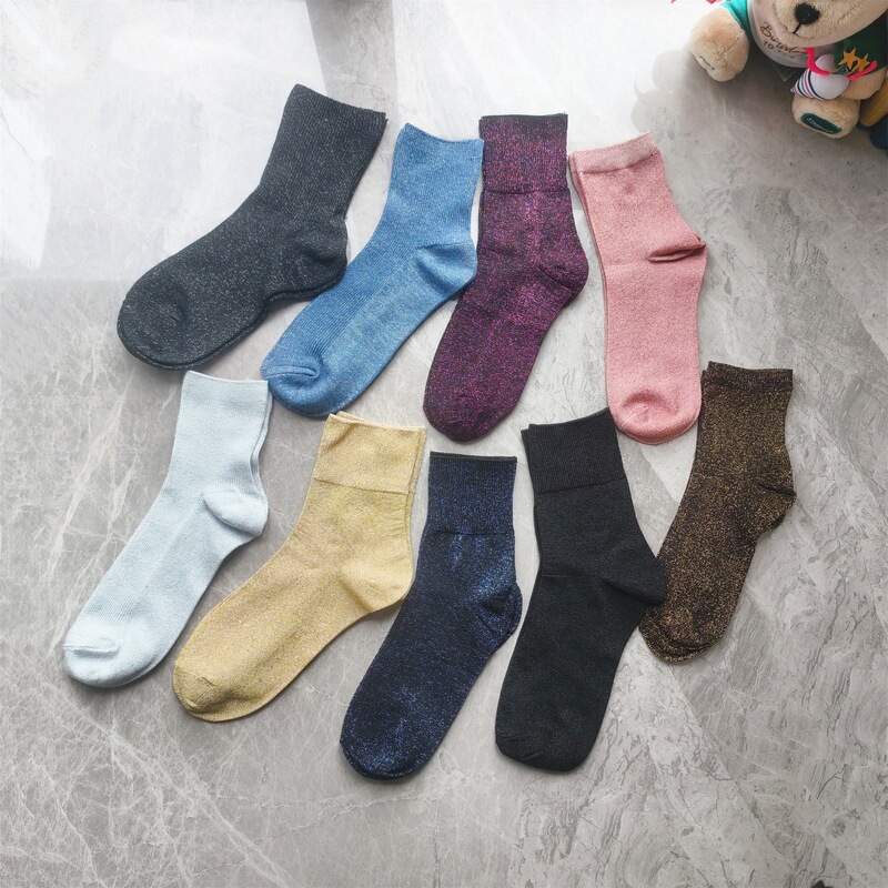 Cross-Border Spring and Summer Double-Needle Metallic Socks with Silver Threads, Breathable Fashion Show Mid-Calf Socks, Unique Forest-Style Unisex Sports Socks