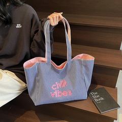 韓国版小衆両面レジ袋マミーバッグ2025新型ストライププリント大容量キャンバスショルダーバッグ女性