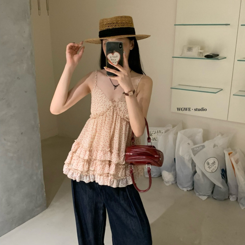Wgwe French-Style Pure Desire Vacation Style Polka Dot Sleeveless Camisole for Women, Summer Slim-Fit Layered Lace Top