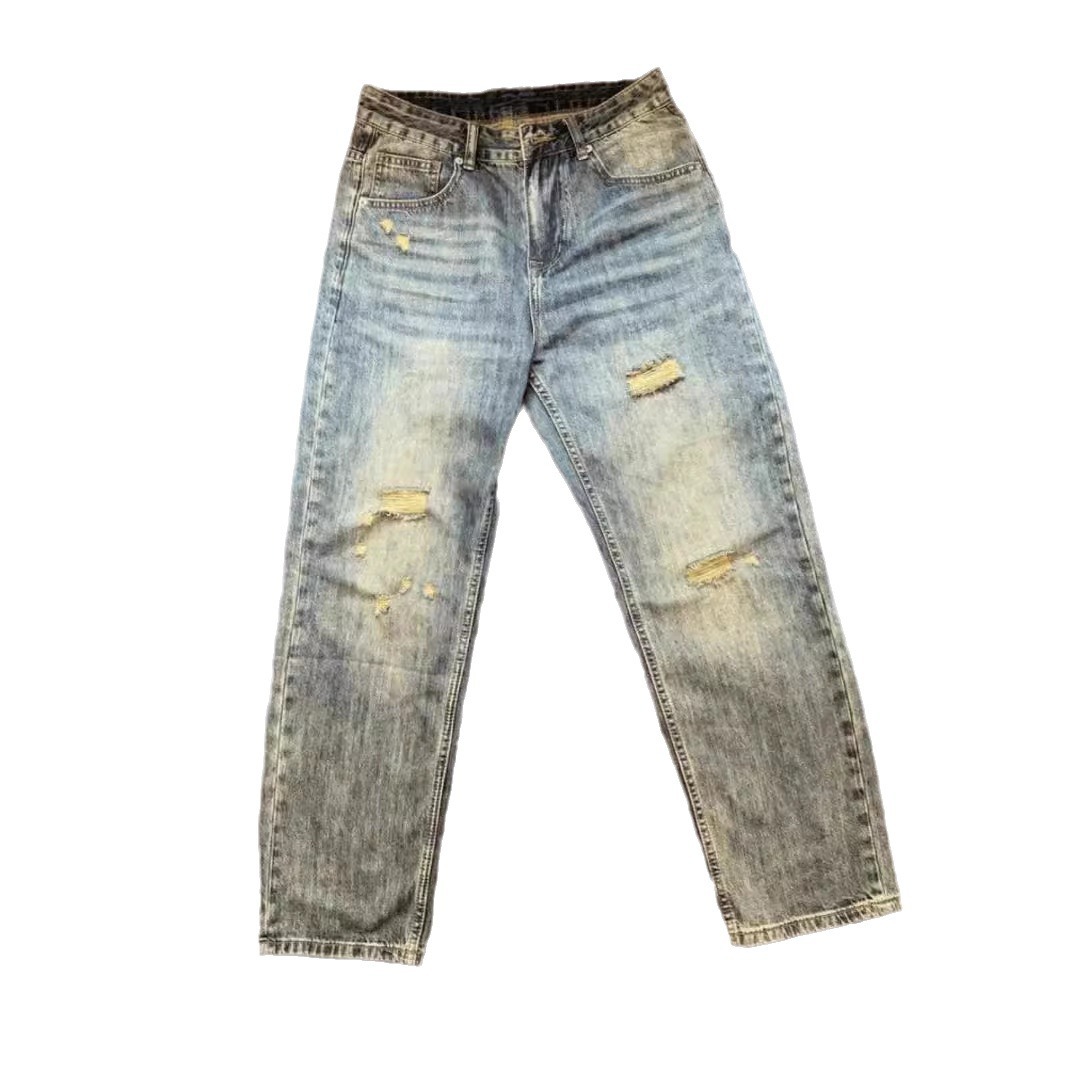 American vibe retro agujeros jeans hombre verano delgado recto pantalones largos pantalones oversize