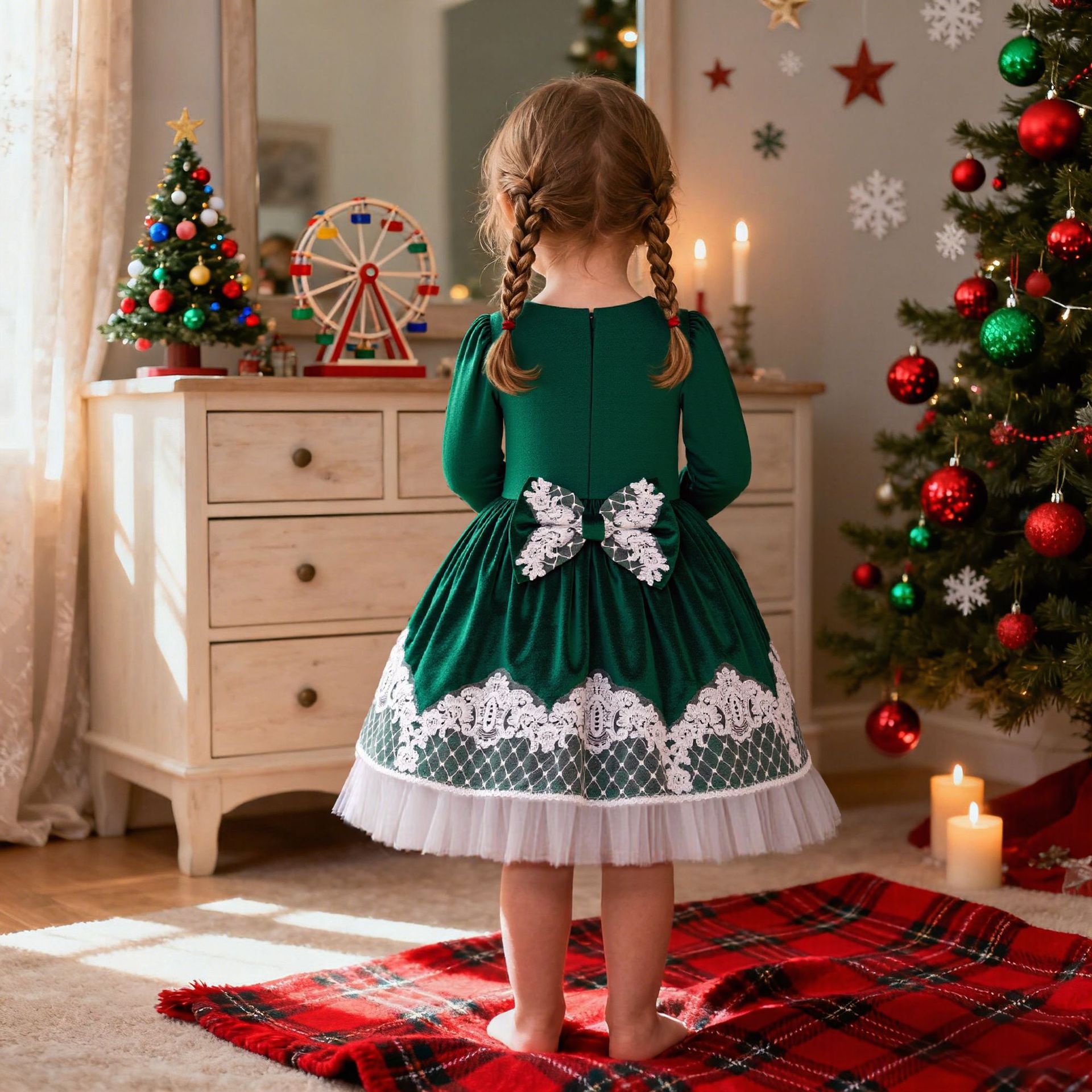 Navidad nuevo vestido de niña vestido de mangas largas vestido de princesa de encaje cascada vestido de regalo vestido de Navidad