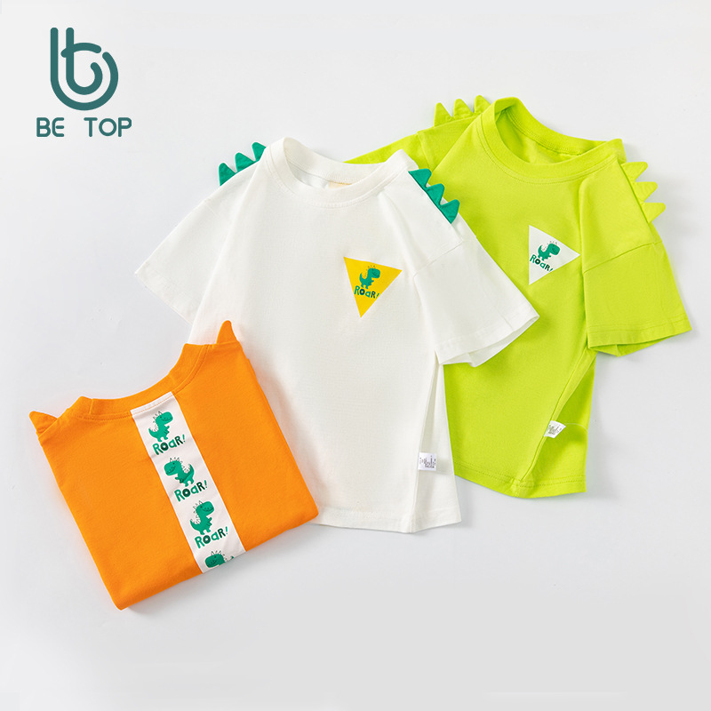 Betop ropa infantil transfronteriza al por mayor verano nuevo estilo niños camiseta de manga corta dibujos animados dinosaurio estampado delantero y trasero manga de hombro caído