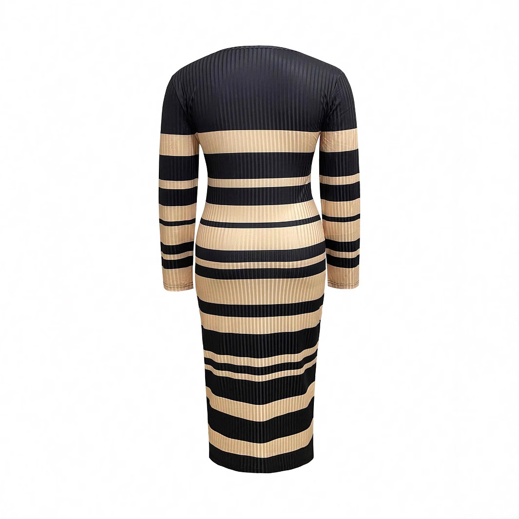 Plus Size Women's Slimming Striped Printed Long Sleeved Ribbed Dress Spring Autumn_voghion.com