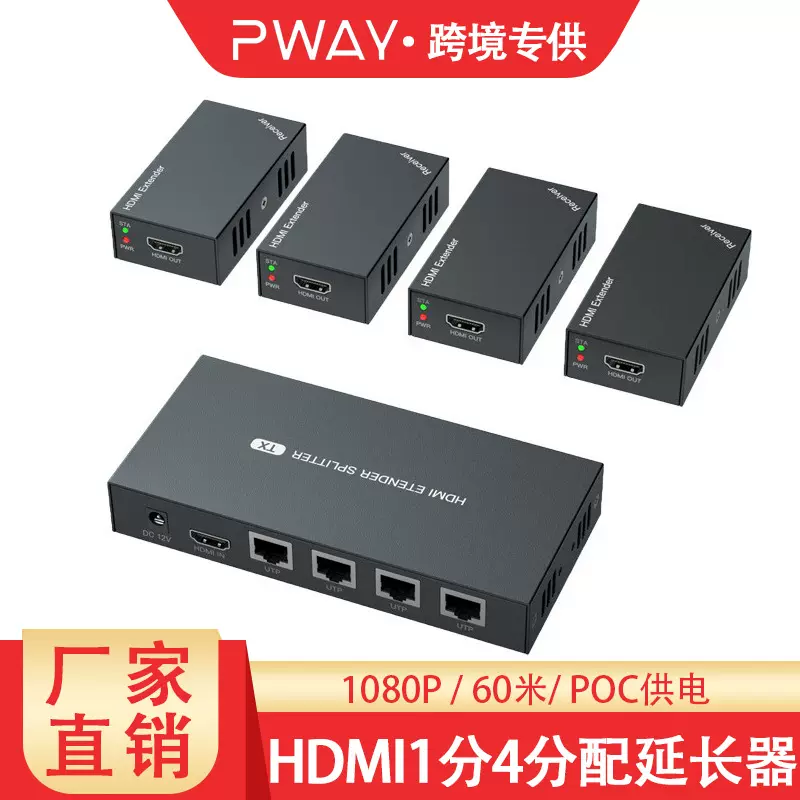 HDMI分配器60米1发4收网线延长支持1080P分配POC一进四出远程传输