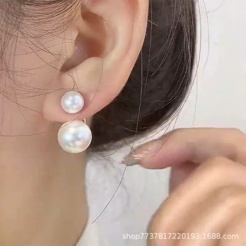 Fashionable white design earrings from pearl, double wear