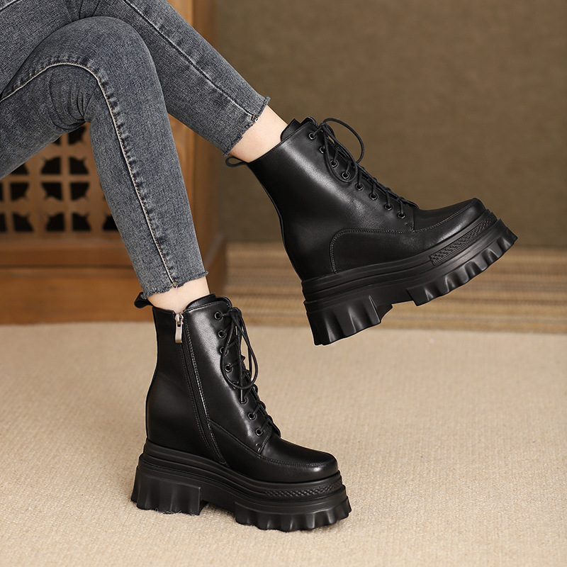 Boot nữ đế tăng chiều cao 10cm dây buộc mùa thu đông — Lớp lót nhung đen, Lớp lót đơn màu nâu sẫm, Lớp lót đơn màu đen, Lớp lót nhung màu nâu sẫm