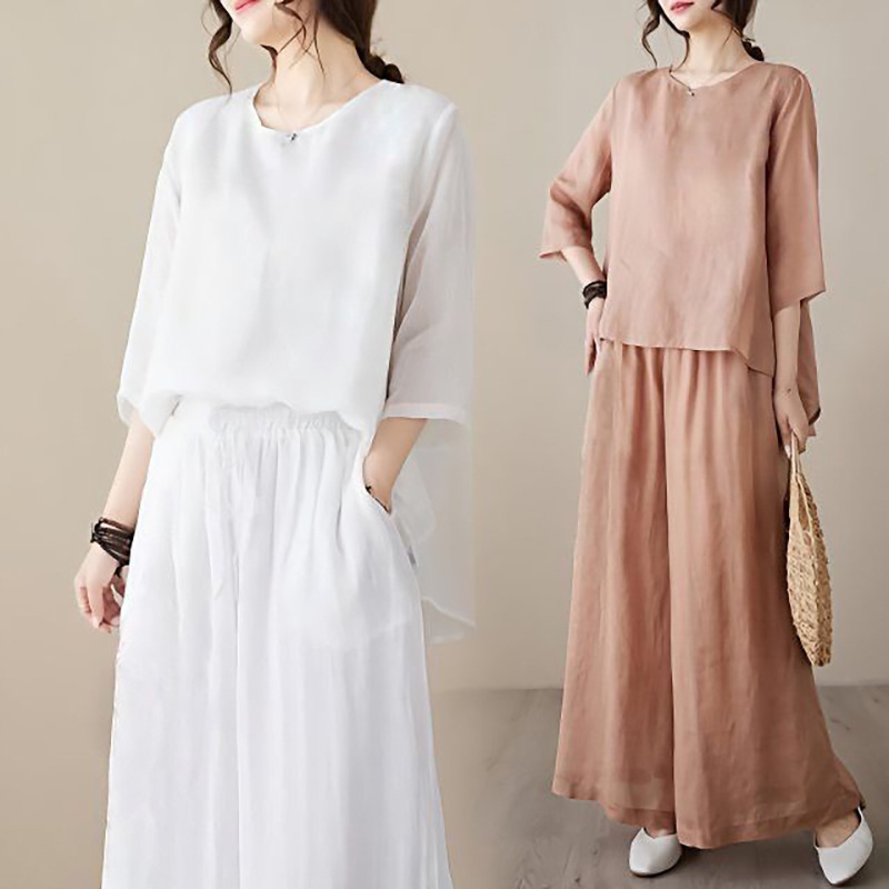 Cotton and Linen Retro Three-Quarter Sleeve Top and Long Pants Two-Piece Fashion Set Summer New Versatile Embroidered Women's Clothing