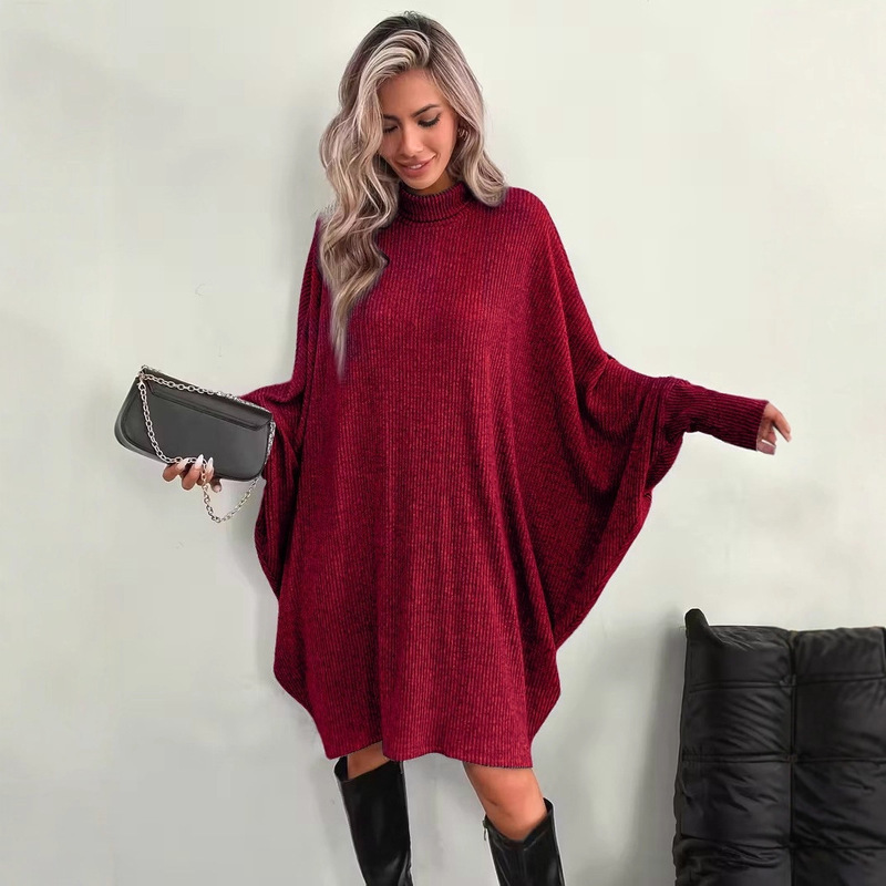 In-Stock European and American Cross-Border Women's Clothing Elegant Loose Batwing Sleeve Dress High-Neck Long-Sleeve Sweatshirt Gray Cape Coat
