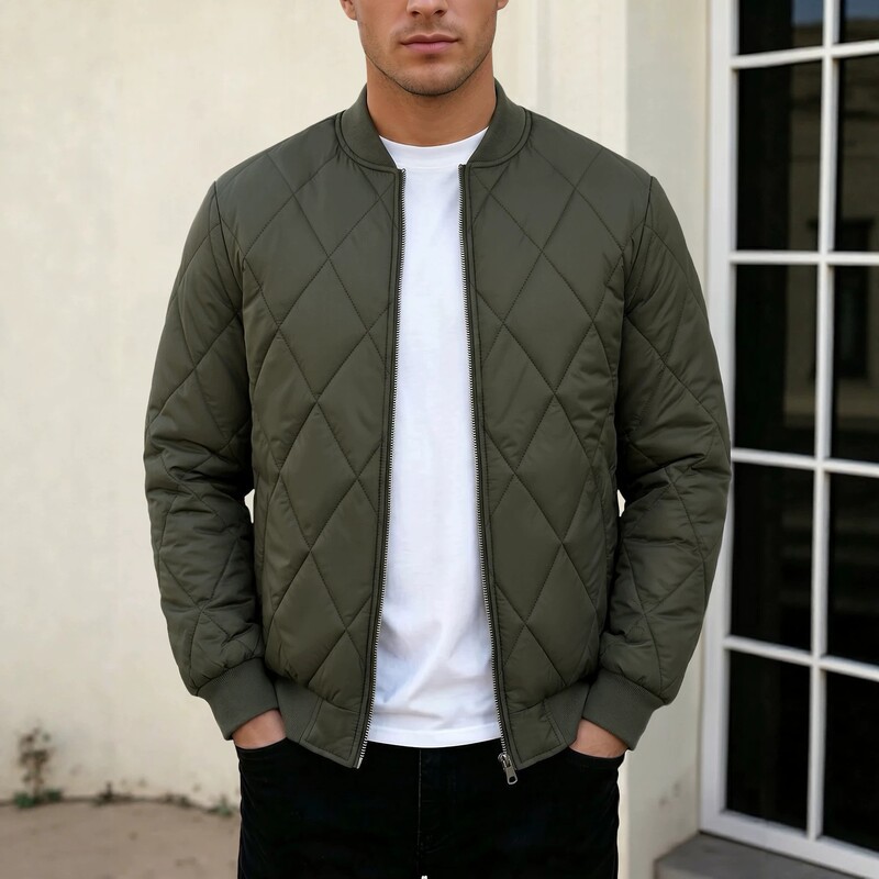 2026 New Autumn/Winter Cross-Border Amazon Men's Jacket, Slim Fit Solid Color Warm Quilted Stand Collar Cotton Coat