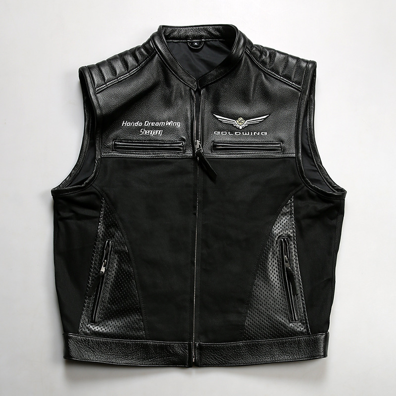 Motorcycle Spliced ​​Leather Vest Men's Stand Collar Casual Club Denim Vest