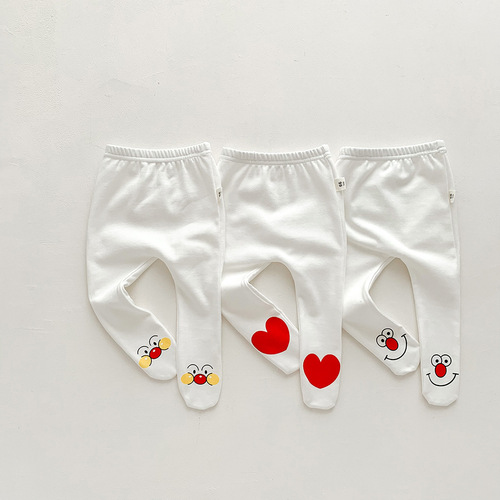 Spring and Autumn Style Footed Leggings for Infants, 0-1 Years Old, Unisex Baby Cartoon Cute Pants, Pure Cotton Overalls