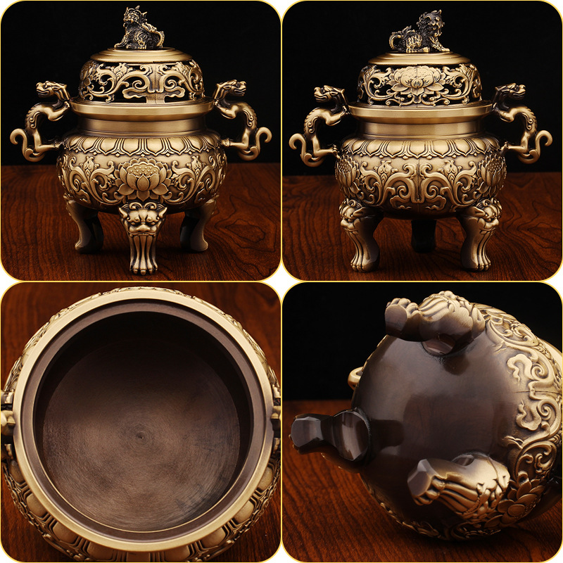 앤틱 사자 두 마리 용 진주로 놀고 있는 향로 동물 귀 녹색 향로 사무실 노점 놀이 장식품 순수 구리 아로마테라피 버너