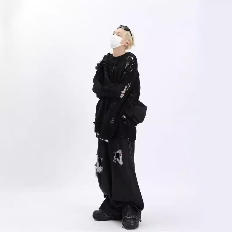 Cuello redondo perezoso alto calle suéter de los hombres de otoño e invierno marca de moda suelta hip hop rasgado diseño de dos lados sentido nicho suéter