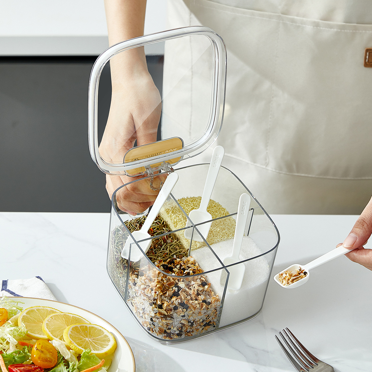 Tarro de condimento de cuatro rejillas Caja de condimento multifuncional de 2023 compartimentos Condimento doméstico Combinación integrada Traje Caja de condimento