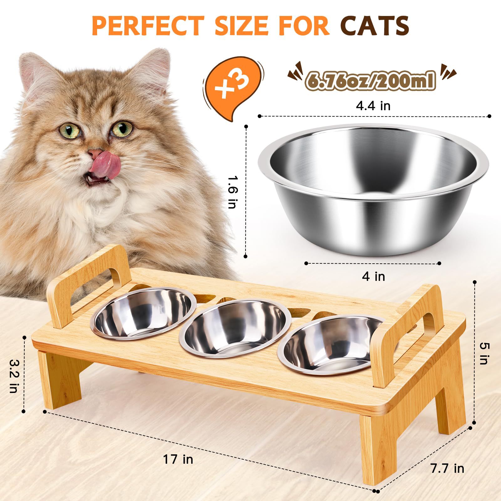 竹制猫碗架三碗猫粮碗水碗架落地式护颈防呕吐家用猫碗增高架带碗
