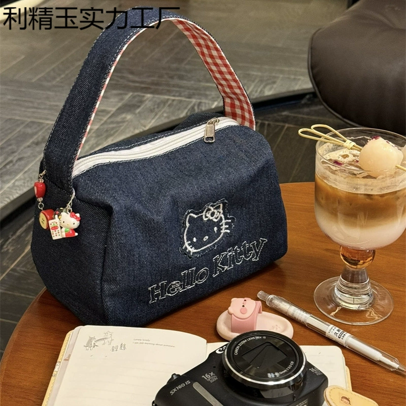 Милая джинсовая сумка в стиле ретро с котенком, стильная портативная сумка большой вместимости, женская косметичка