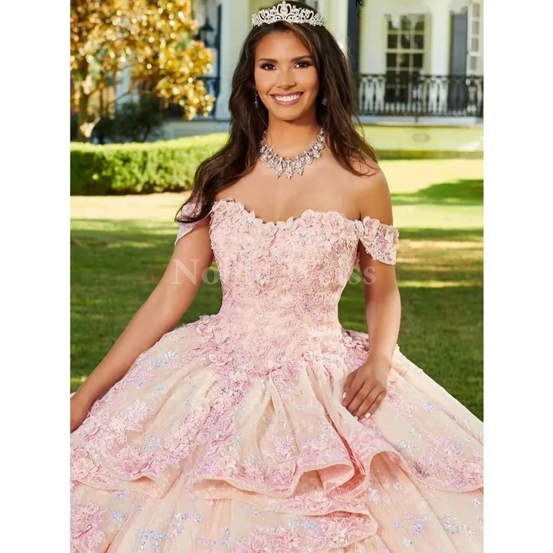 Women's Off-Shoulder Layered Coming-Of-Age Ceremony Dress, Ball Gown with 3D Floral Embellishments, Fluffy Lace Appliqué, Long Ball Gown