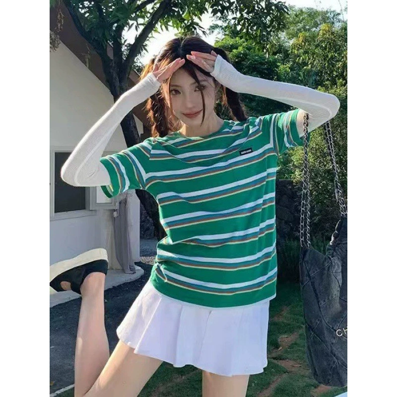 2024 лето новый минималистский дизайн нишу повседневный дикий стильный полосатый буквенные наклейки с короткими рукавами футболка женская волна