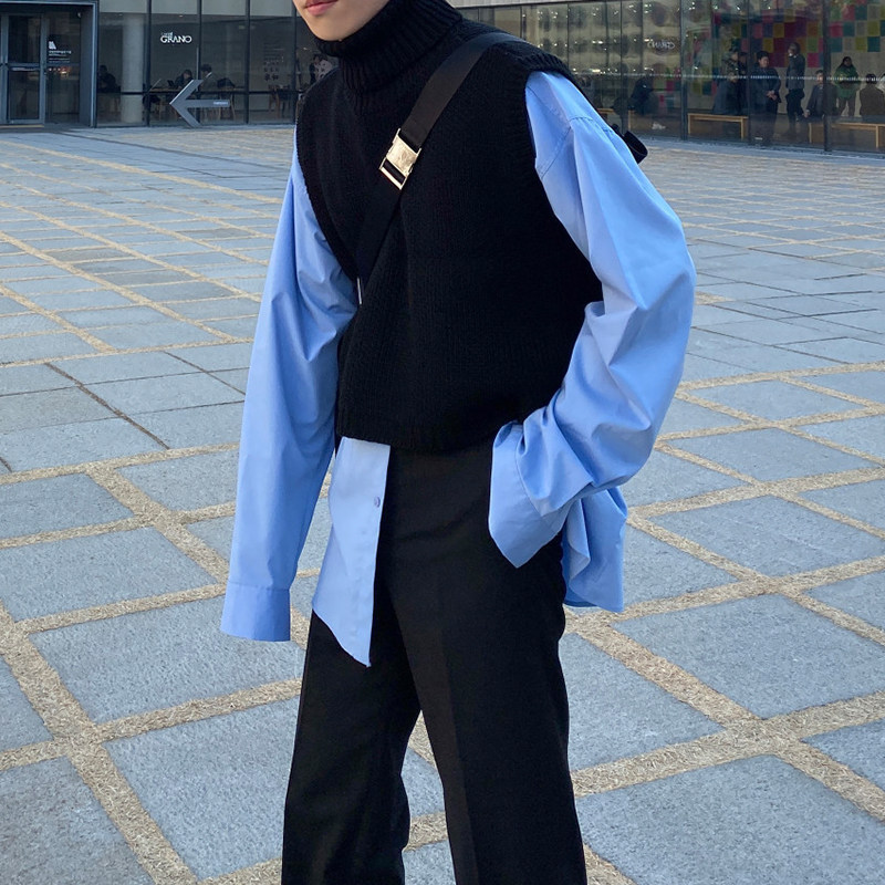 Sleeveless turtleneck sweater for men, new spring and autumn fashion, loose short knitted vest, Korean style trendy pullover knitwear Sleeveless turtleneck sweater for men, new spring and autumn fashion, loose short knitted vest, Korean style trendy pullover knitwear