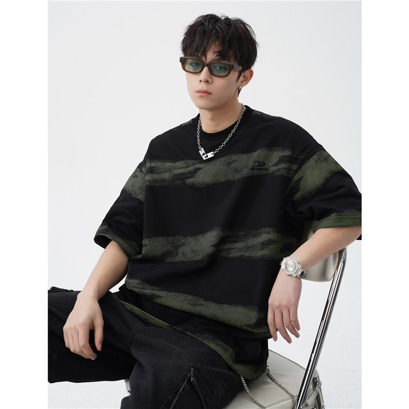 Imitation Tie-Dye Color-Block Striped Pure Cotton Short-Sleeve T-Shirt for Men, Summer Style, Trendy Brand Embroidered Shirt, Japanese Retro Half-Sleeve