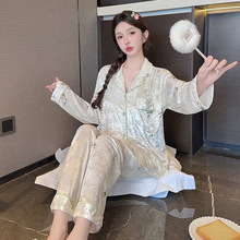 直播爆款秋冬长袖金丝绒睡衣女小清新枝叶开衫金钻绒家居服套装