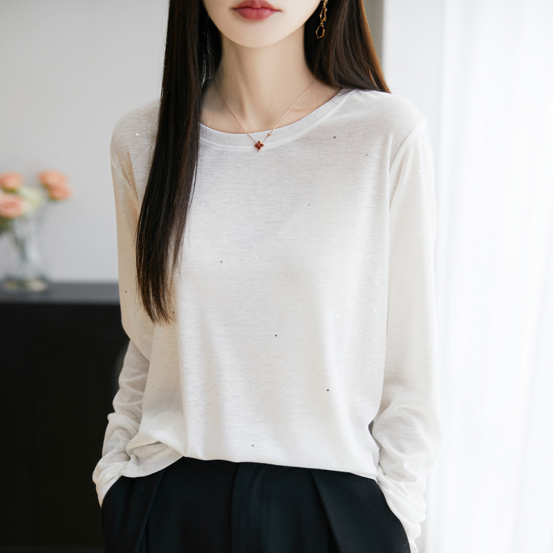 一字领新款天丝休闲风烫钻长袖小衫针织女春夏季新款薄款套头衫|undefined