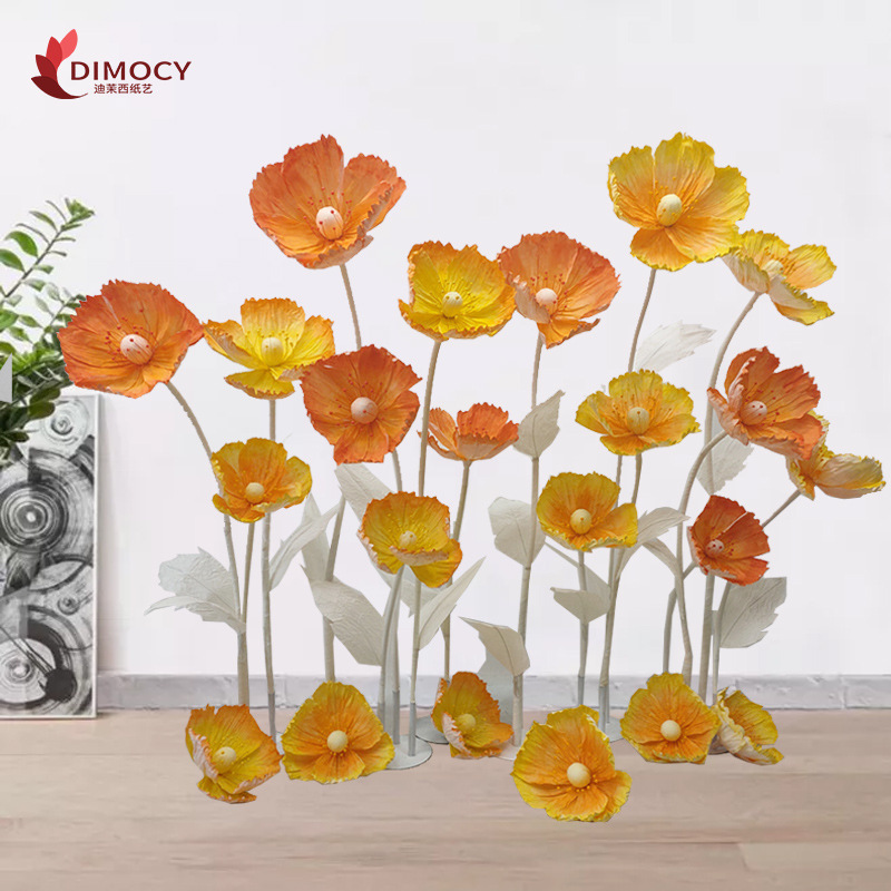 Autumn shopping mall real estate decoration window beauty Chen large three-dimensional paper flowers orange yellow poppy net red