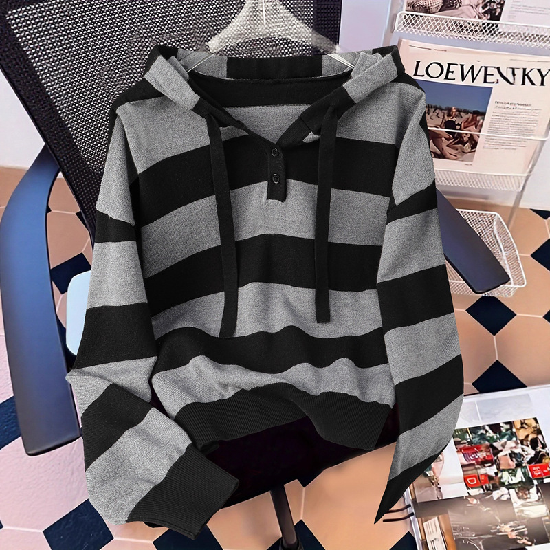 European Version Cross-Border Women's Hooded Pullover Sweater 2024 Autumn and Winter New Korean Style Loose Striped Knit Sweater European Version Cross-Border Women's Hooded Pullover Sweater 2024 Autumn and Winter New Korean Style Loose Striped Knit Sweater