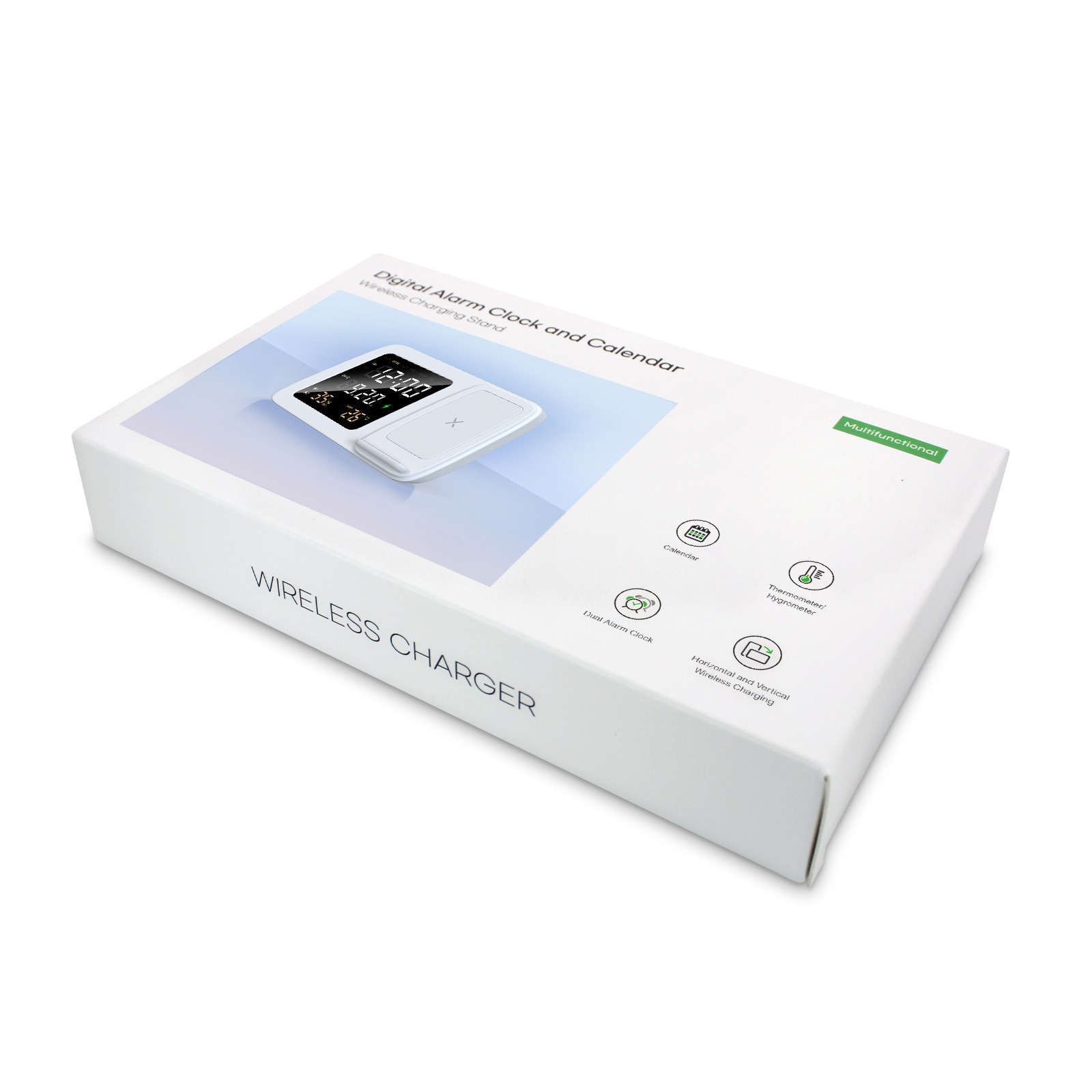 Nuevo transfronterizo multi-funcional gran pantalla electrónica calendario reloj despertador temperatura y medidor de humedad 15W inalámbrico de carga rápida