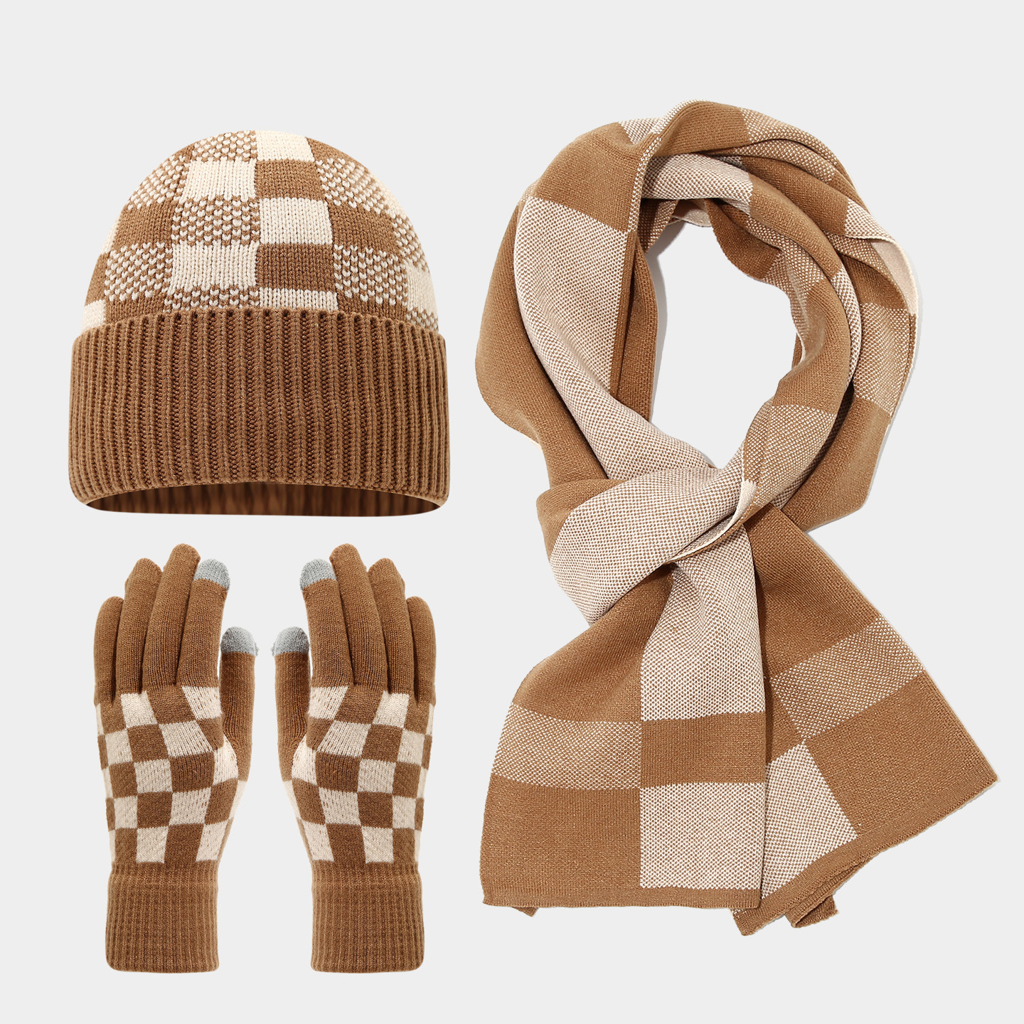 Tablero de ajedrez de malla de lana sombrero bufandas guantes set coreano invierno al aire libre para hombres y mujeres set de calor frío image 9