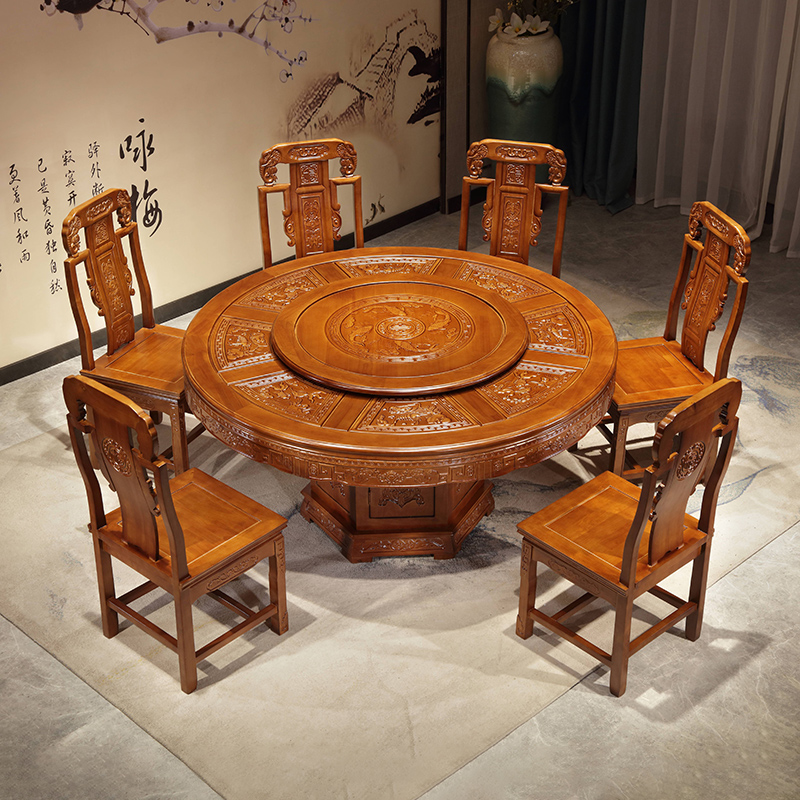 全实木餐桌椅组合带转盘中式大圆桌家用饭桌子橡木仿古雕花圆餐桌