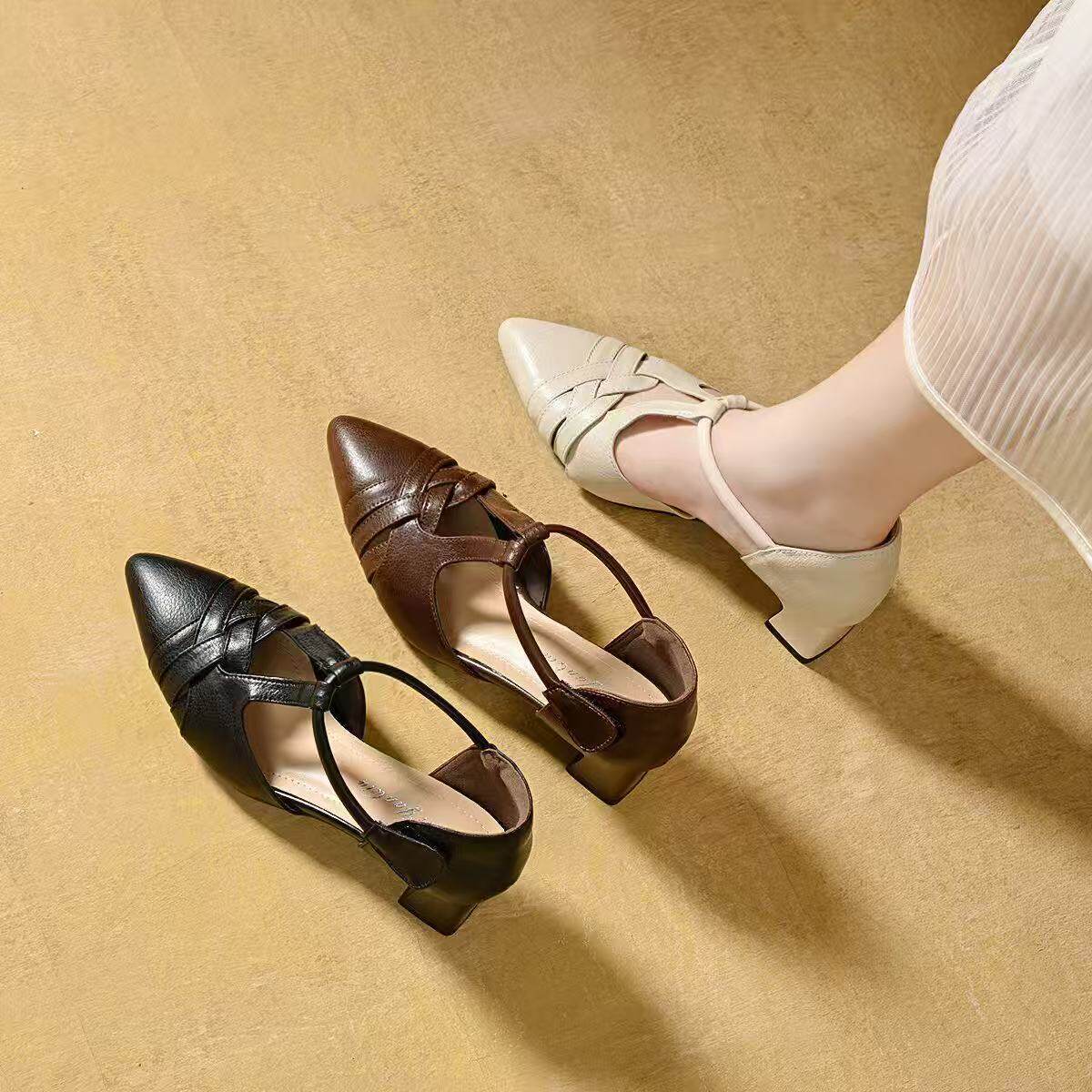 Sandal nữ da thật mũi nhọn gót vuông ổn định, đế mềm thoáng khí — màu be