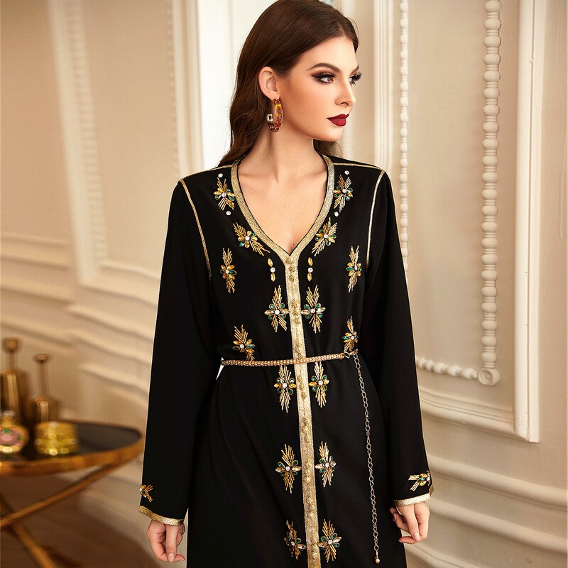 BA607 Hand-stitched Phnom Penh V-neck Golden Tube Glass Rhinestone Robe Middle East Party Holiday Gown