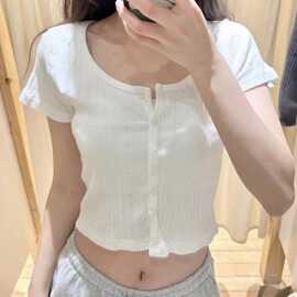 BM风圆领竖条纹单排扣软糯短袖T恤女 bm修身显瘦短款露脐开衫上衣