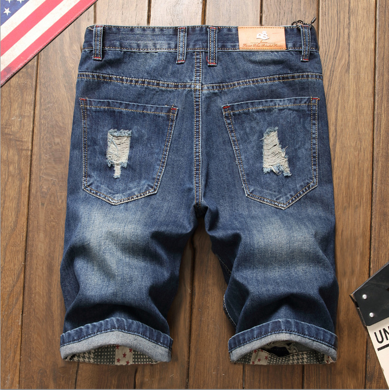 Pantaloncini in denim da uomo con fori strappati, 5/4 p, vestibilità slim oversize versatile da uomo alla moda, pantaloncini in denim 5/5, mendicanti_voghion.com
