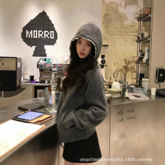 灰色连帽拉链外套女春秋新款宽松慵懒风小个子拼接假两件开衫上衣