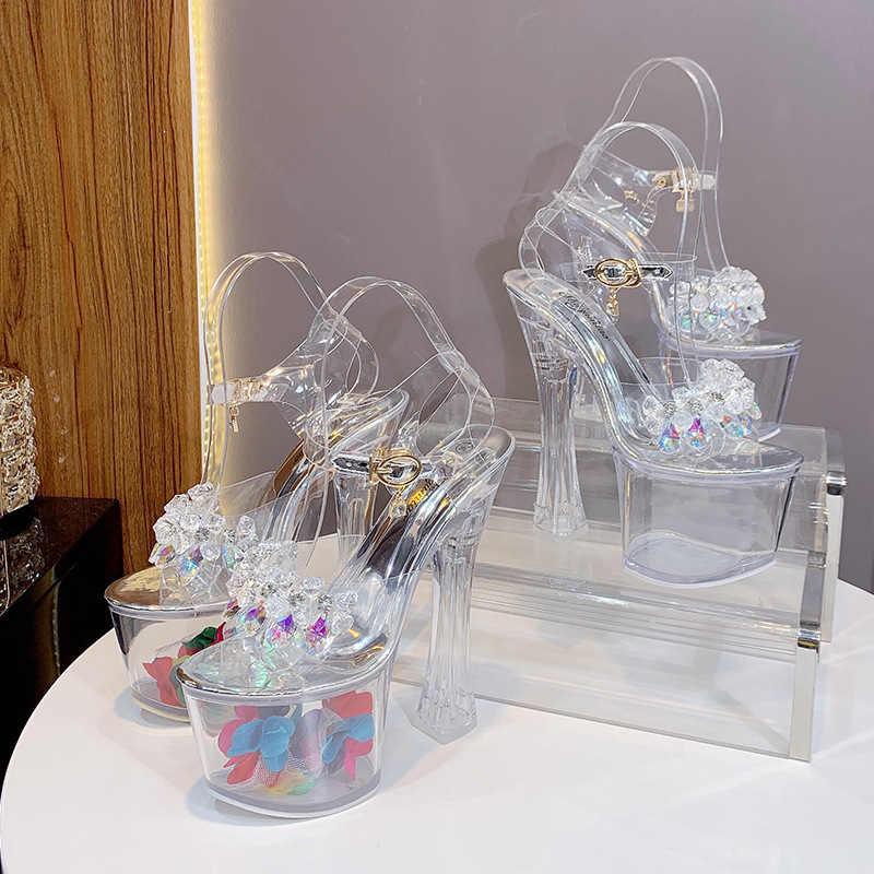 Glass rhinestone women's summer transparent platform non-slip platform sexy all-match Super high heel sandals crystal shoes wedding shoes Glass rhinestone women's summer transparent platform non-slip platform sexy all-match Super high heel sandals crystal shoes wedding shoes