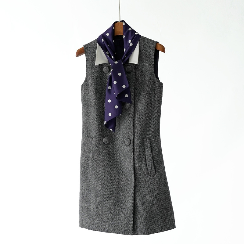 [Same Style in Shopping Malls] S*P Early Spring New Gray Mixed Color Detachable Silk Scarf Sheep Wool Herringbone Dress for Women