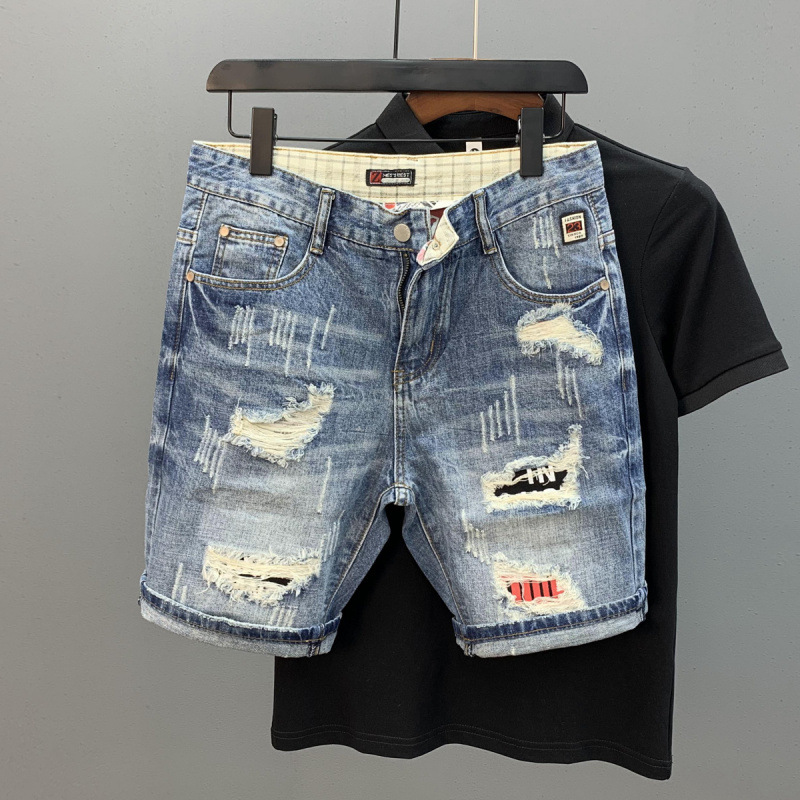 Men's trendy ripped denim shorts with cat whiskers effect, new summer style, distressed patchwork, slightly stretchy, washed, fashionable quarter-length pants